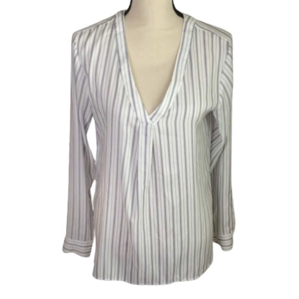 Ann Taylor White Navy Roll Tab V-Neck Sheer Blouse Small